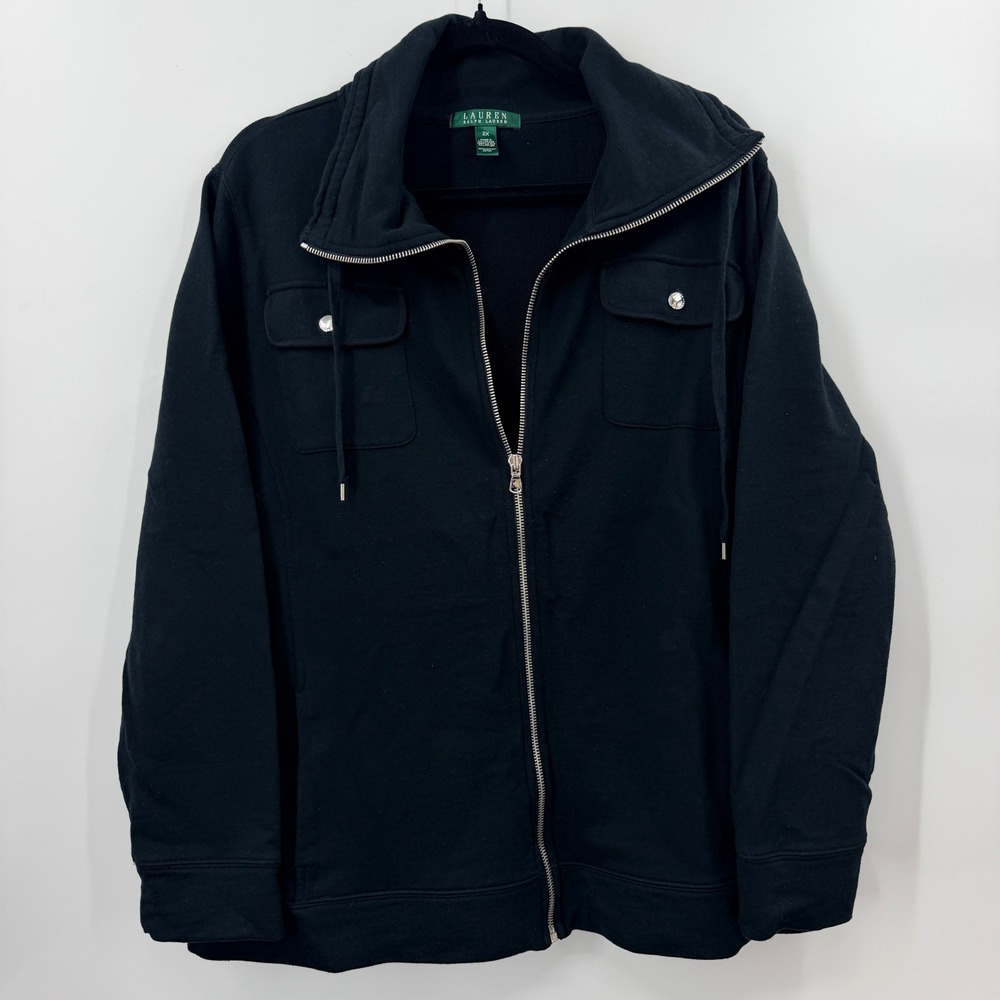 Lauren Ralph Lauren Black Full Zip Utility Sweatshirt Jacket 2X Cotton